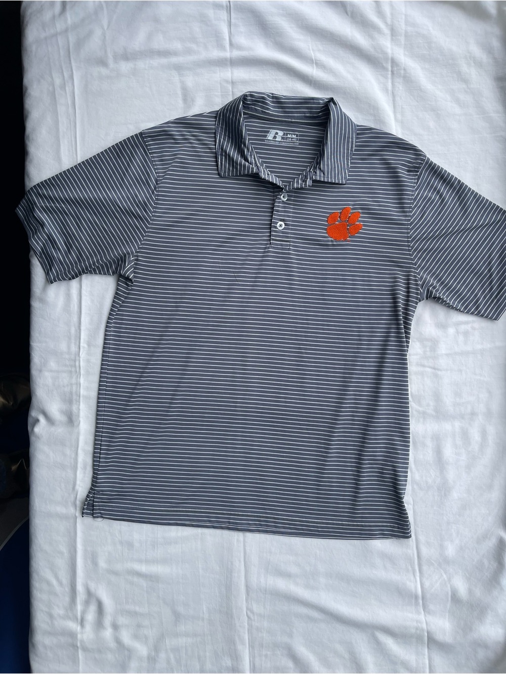 Russell Athletic Gray Striped Polo with Orange Paw Emblem